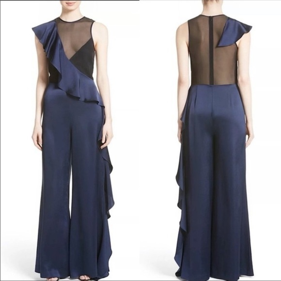 Diane Von Furstenberg DVF Silk Jumpsuit mesh cut out ruffle sexy going out sz 2 - Picture 1 of 15